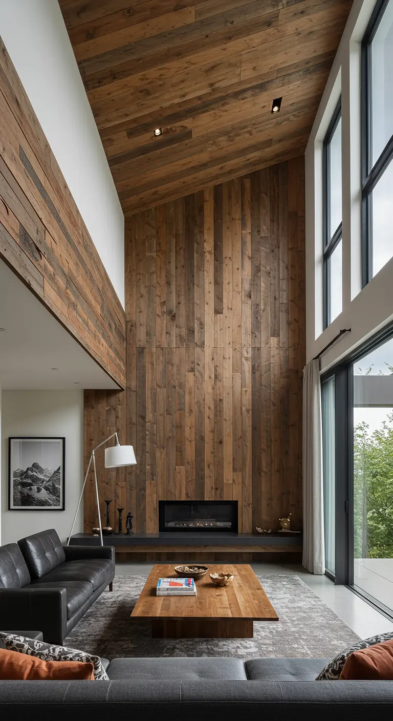 Salón moderno con una pared de doble altura completamente cubierta de madera vertical.
