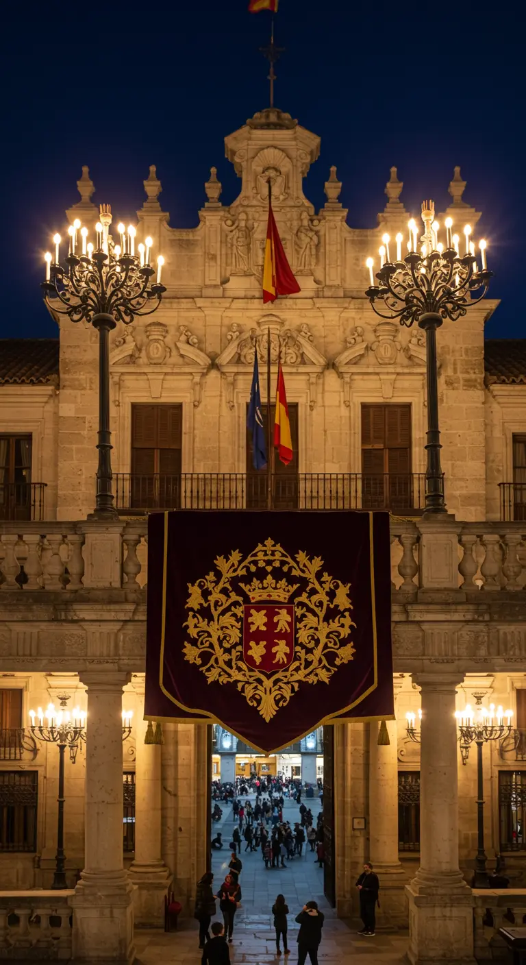 Fachada de un edificio histórico con un gran estandarte morado y dorado sobre la entrada.