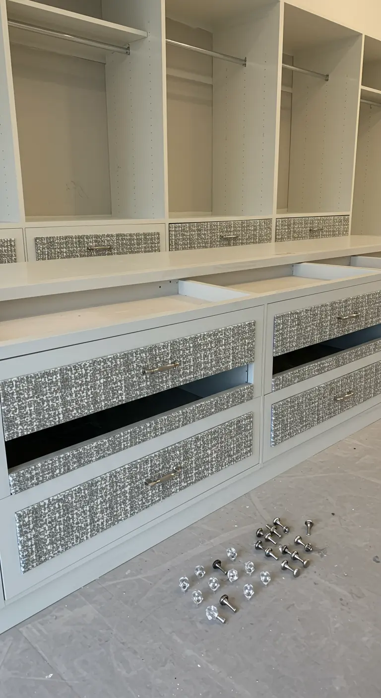 Interior de un vestidor blanco con los frentes de los cajones forrados en un papel tapiz con textura de tweed en tonos grises.