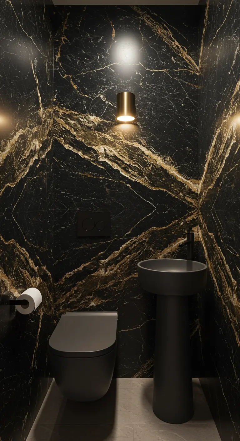 Baño pequeño con paredes de mármol negro con vetas doradas y sanitarios en negro mate