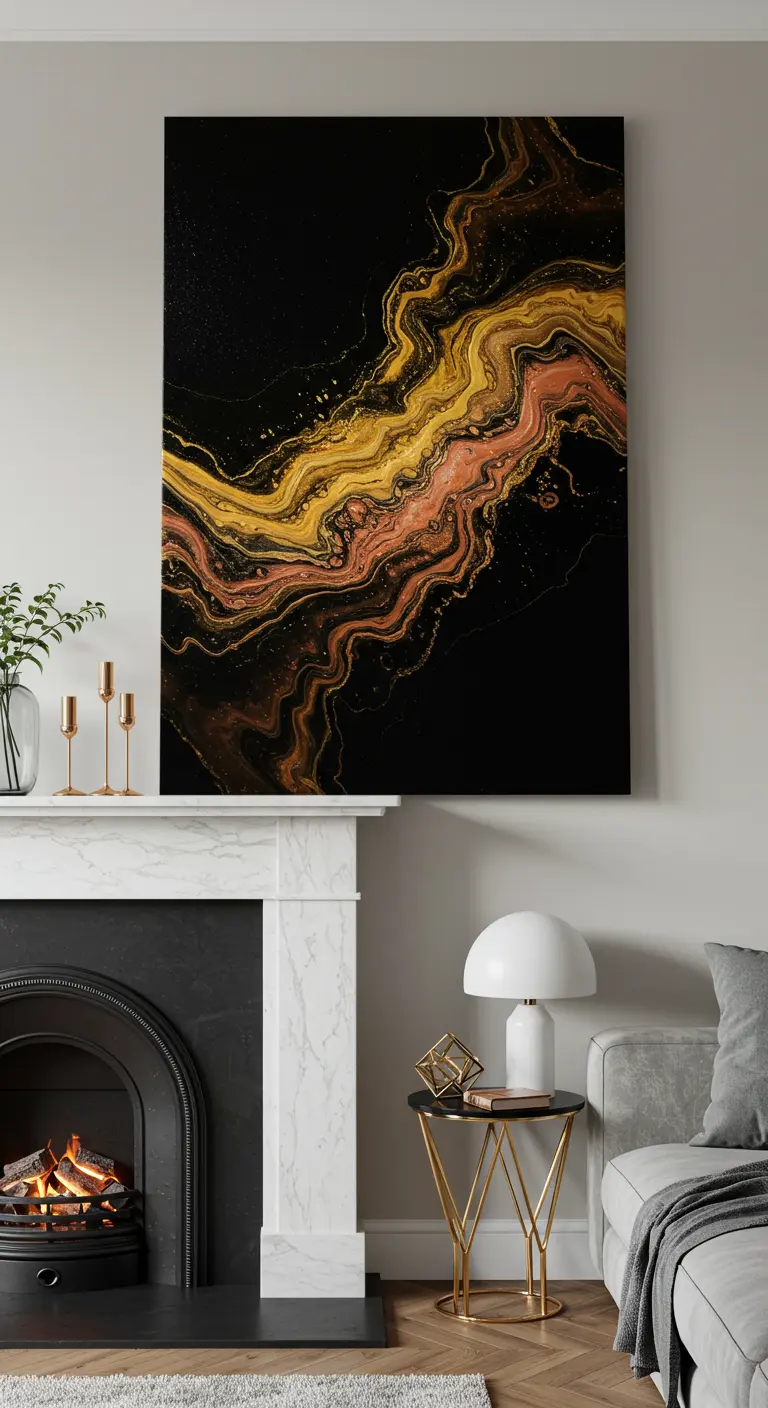 Gran lienzo abstracto en negro y dorado sobre una elegante chimenea de mármol blanco