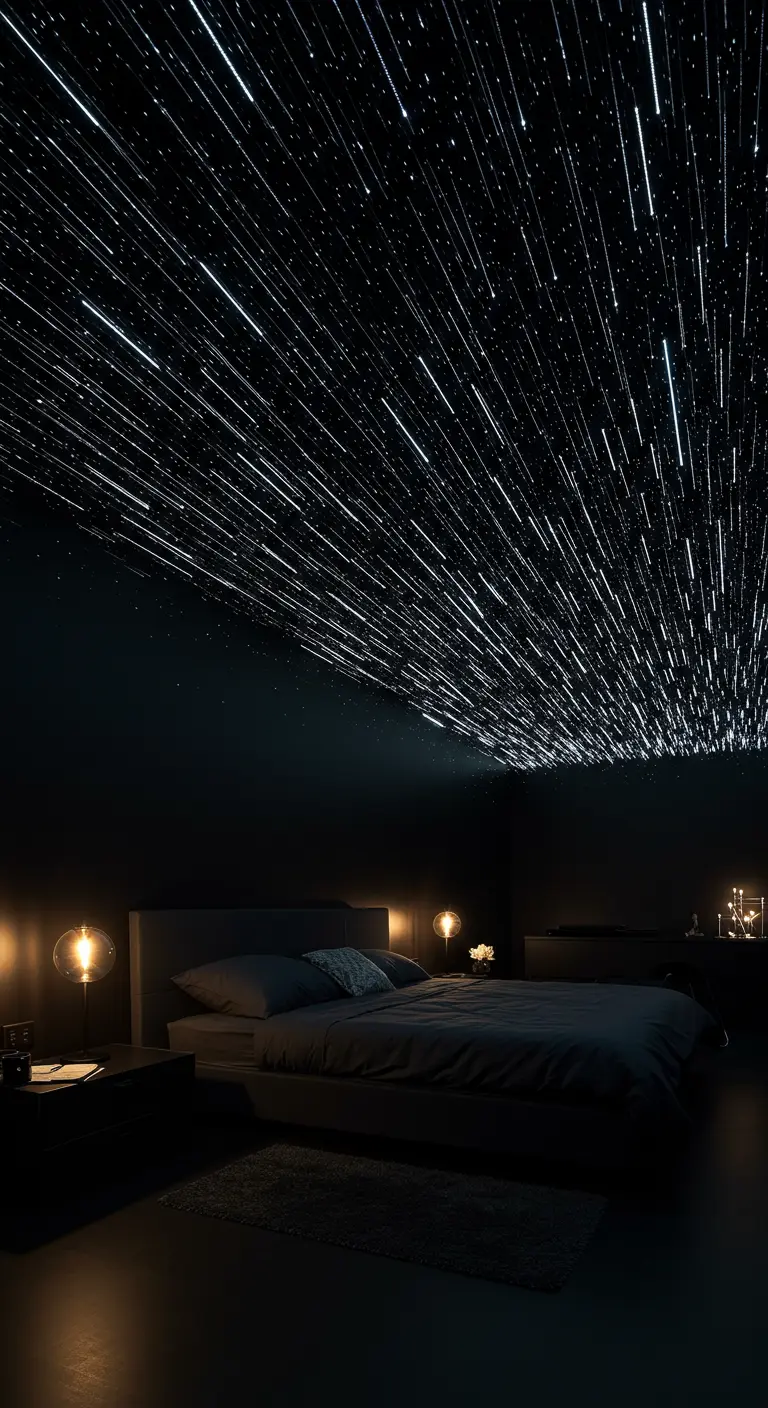 Dormitorio oscuro con un techo de fibra óptica que simula una lluvia de estrellas o un viaje hiperespacial.