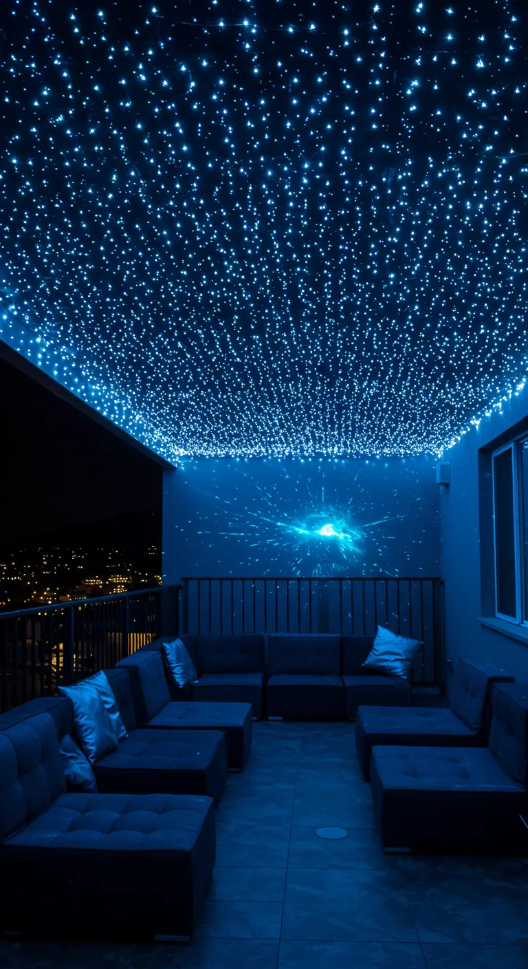 Terraza con el techo completamente cubierto de pequeñas luces LED azules, creando un efecto de cielo estrellado