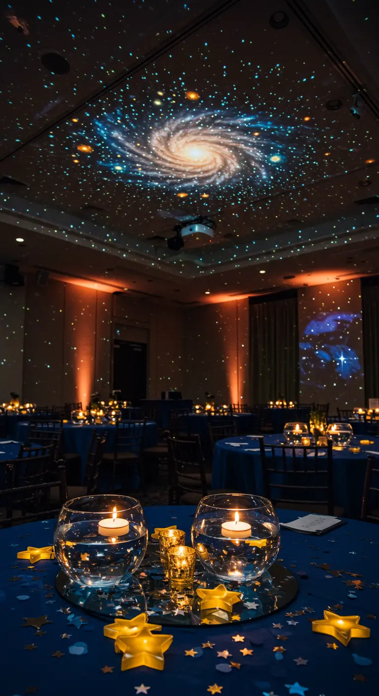 Salón de fiestas con una galaxia proyectada en el techo y mesas con velas flotantes en esferas de cristal.