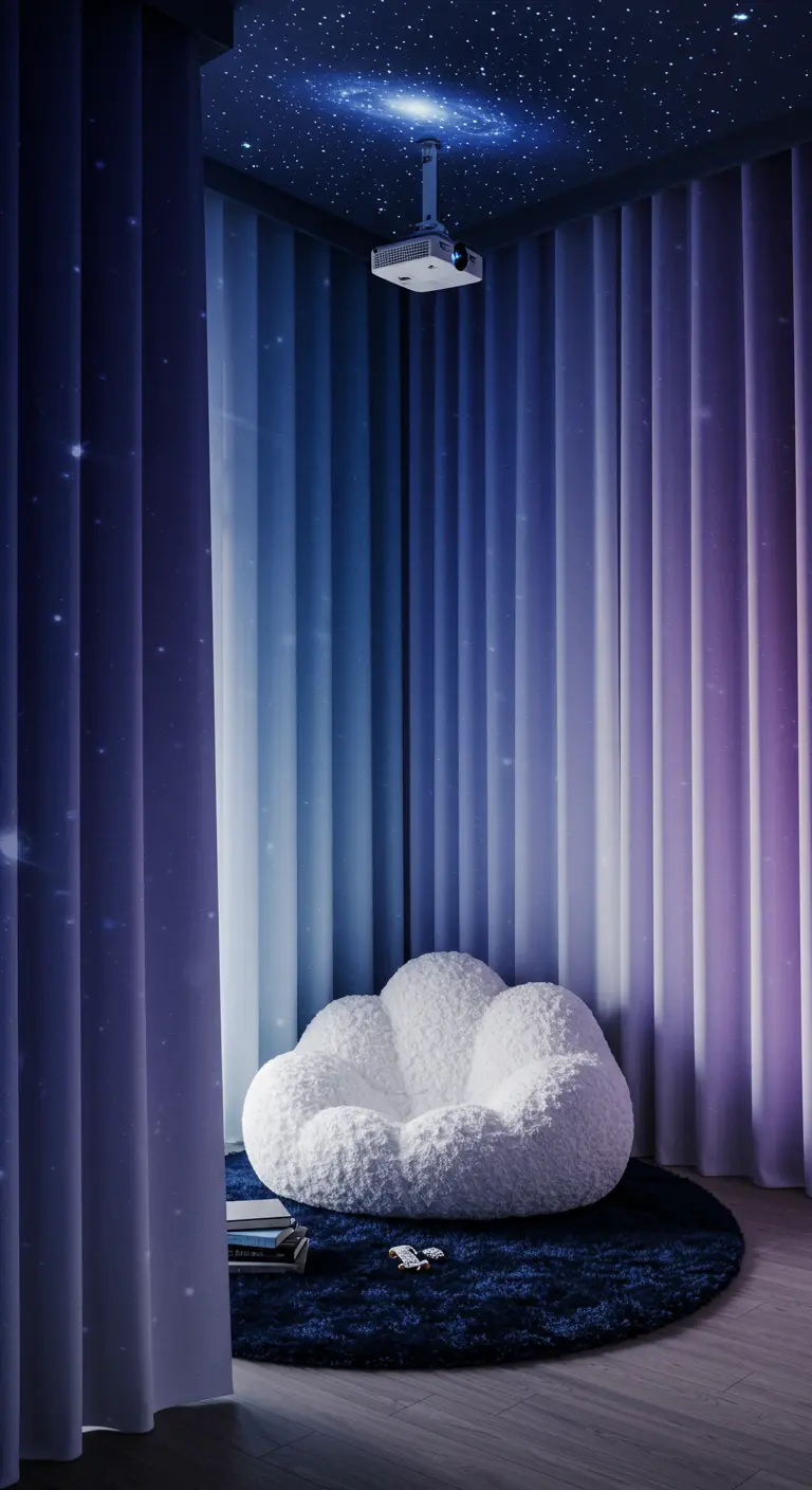 Rincón de lectura con un proyector de galaxias en el techo, cortinas opacas y un sillón blanco