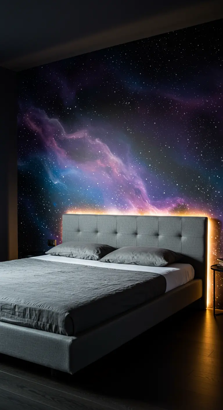 Mural de una nebulosa espacial con estrellas en un dormitorio moderno e iluminado con LEDs.