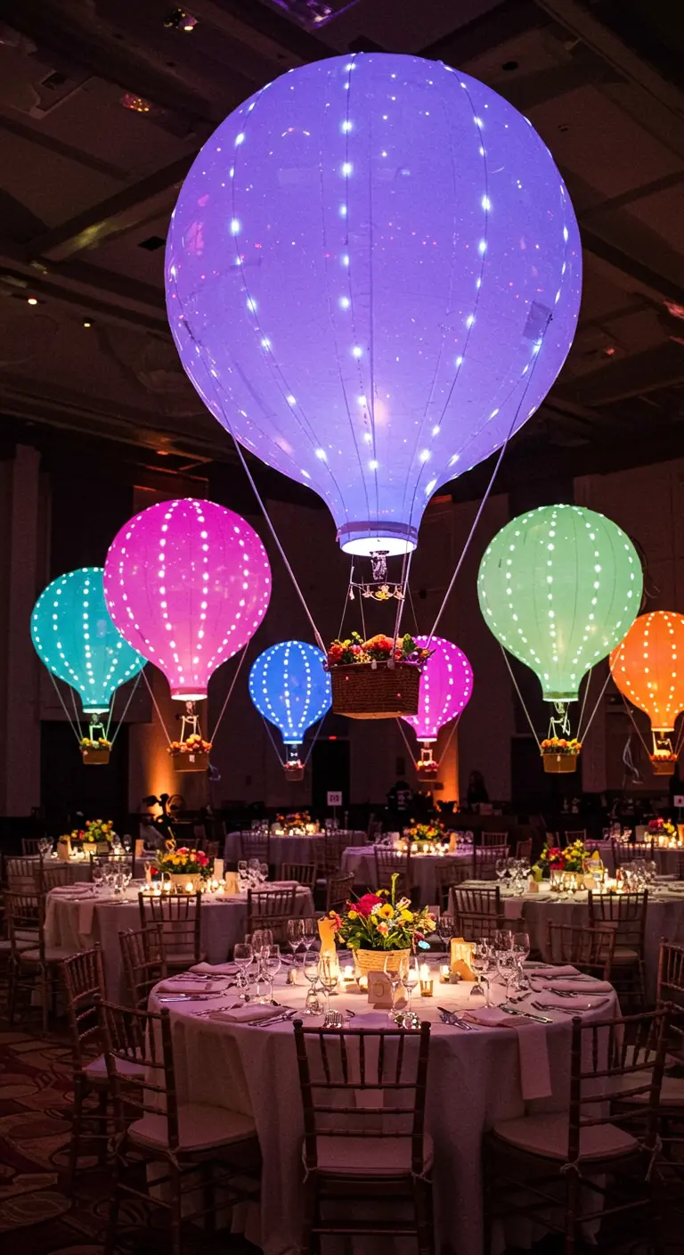 Salón de fiestas con grandes globos de colores decorados como globos aerostáticos luminosos.