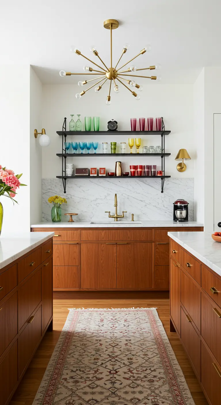 Cocina mid-century con lámpara sputnik, gabinetes de madera y cristalería de colores.