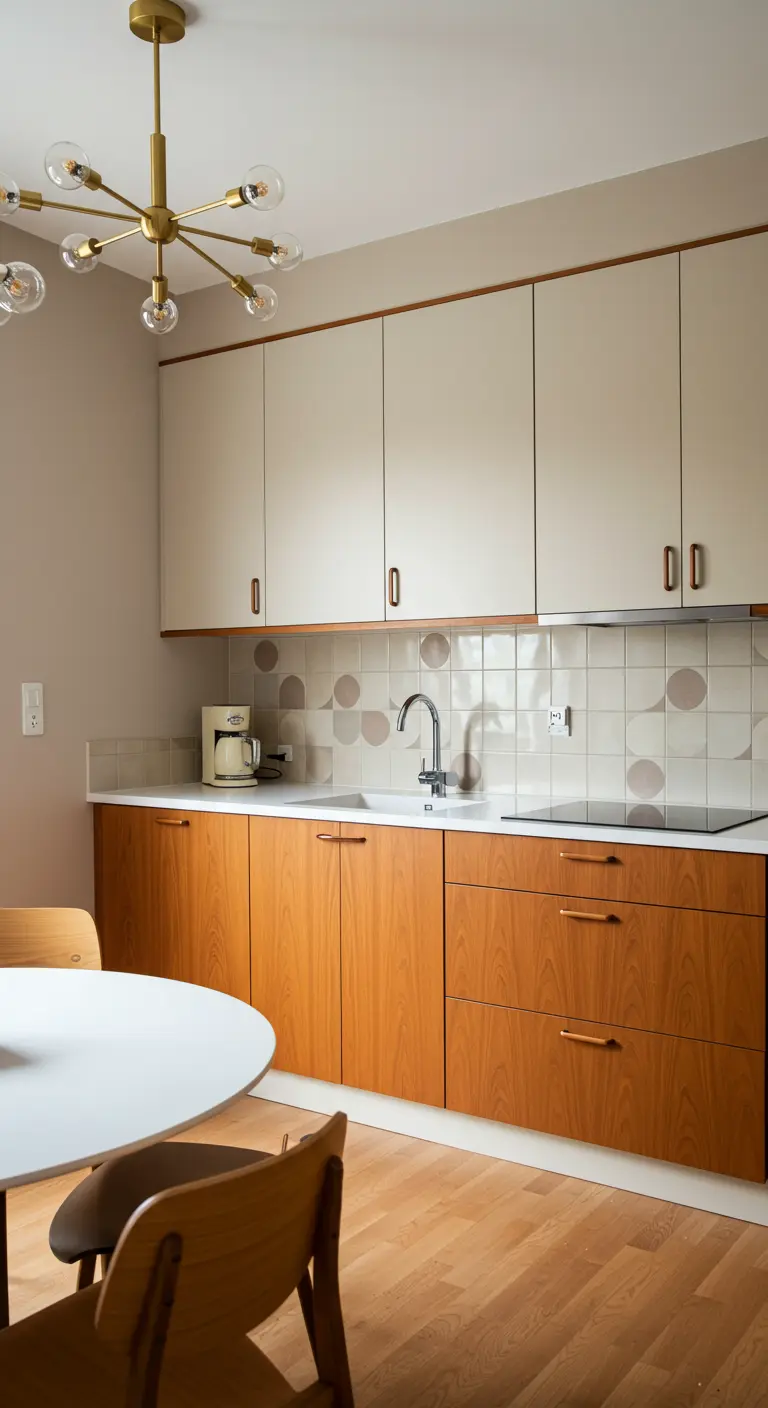 Cocina retro con gabinetes de madera de teca, azulejos geométricos y lámpara sputnik.