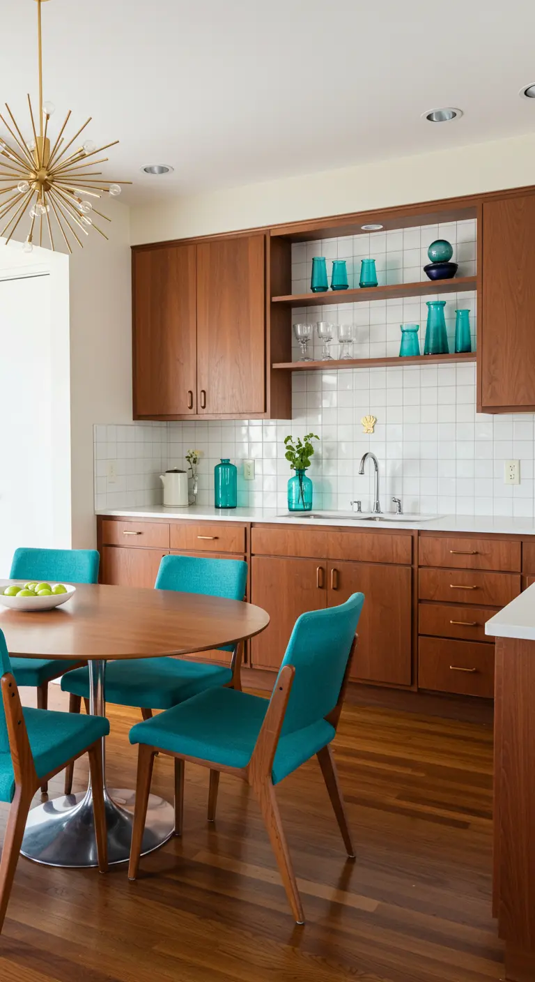 Cocina Mid-Century Modern con gabinetes de teca y comedor con sillas turquesa.