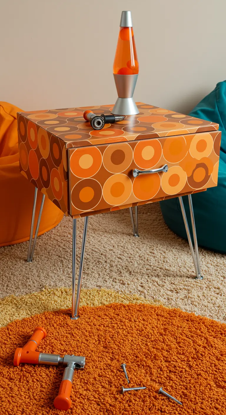 Mesa auxiliar cubierta con papel de patrón circular naranja y marrón, estilo años 70
