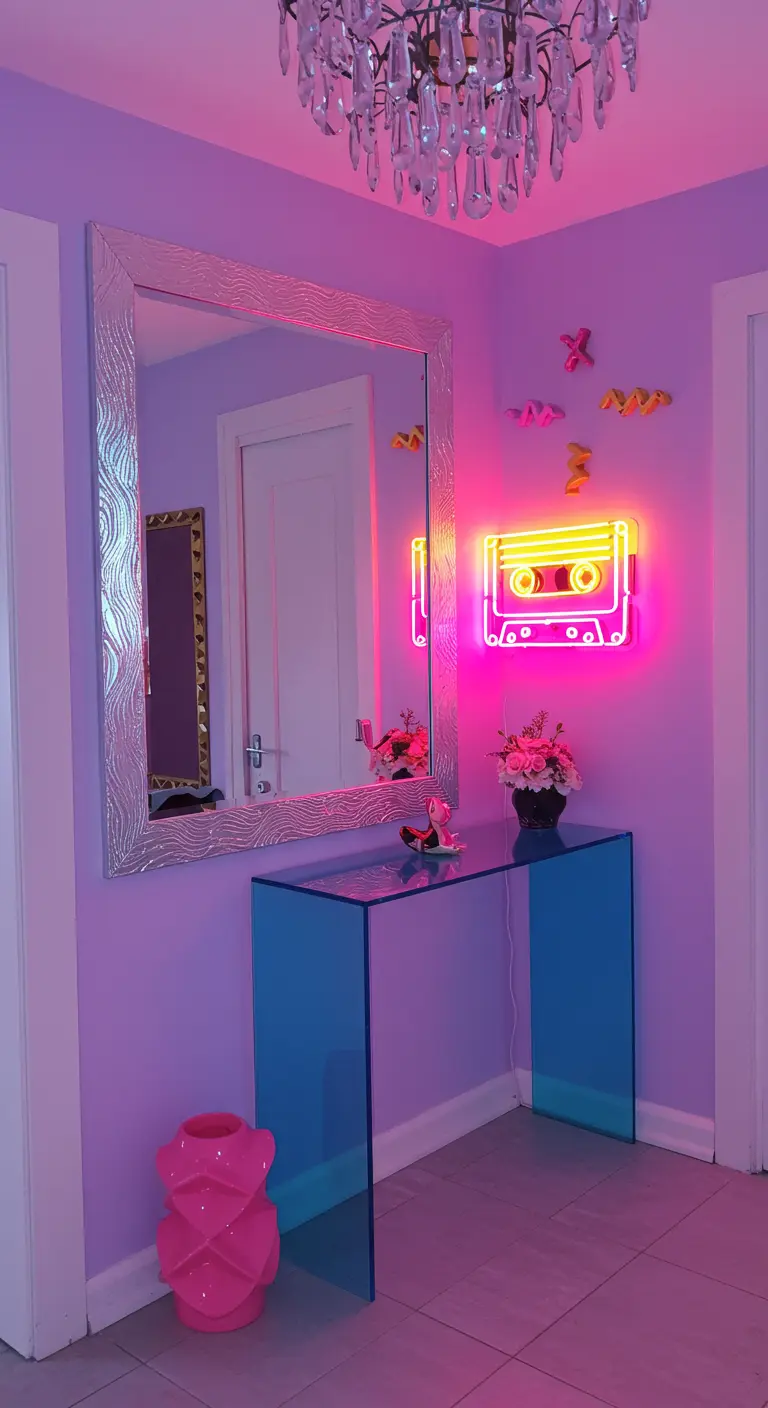 Recibidor de estilo retro con paredes lilas, neón de cassette y consola de acrílico azul.