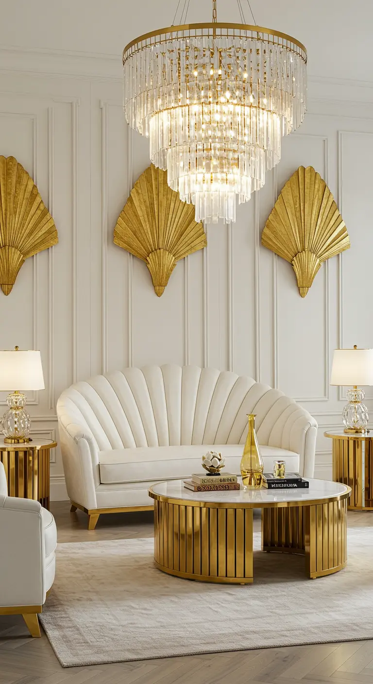 Sala de estar estilo Art Decó con sofá de concha blanco, decoración de pared en forma de abanico dorado y lámpara de cristal