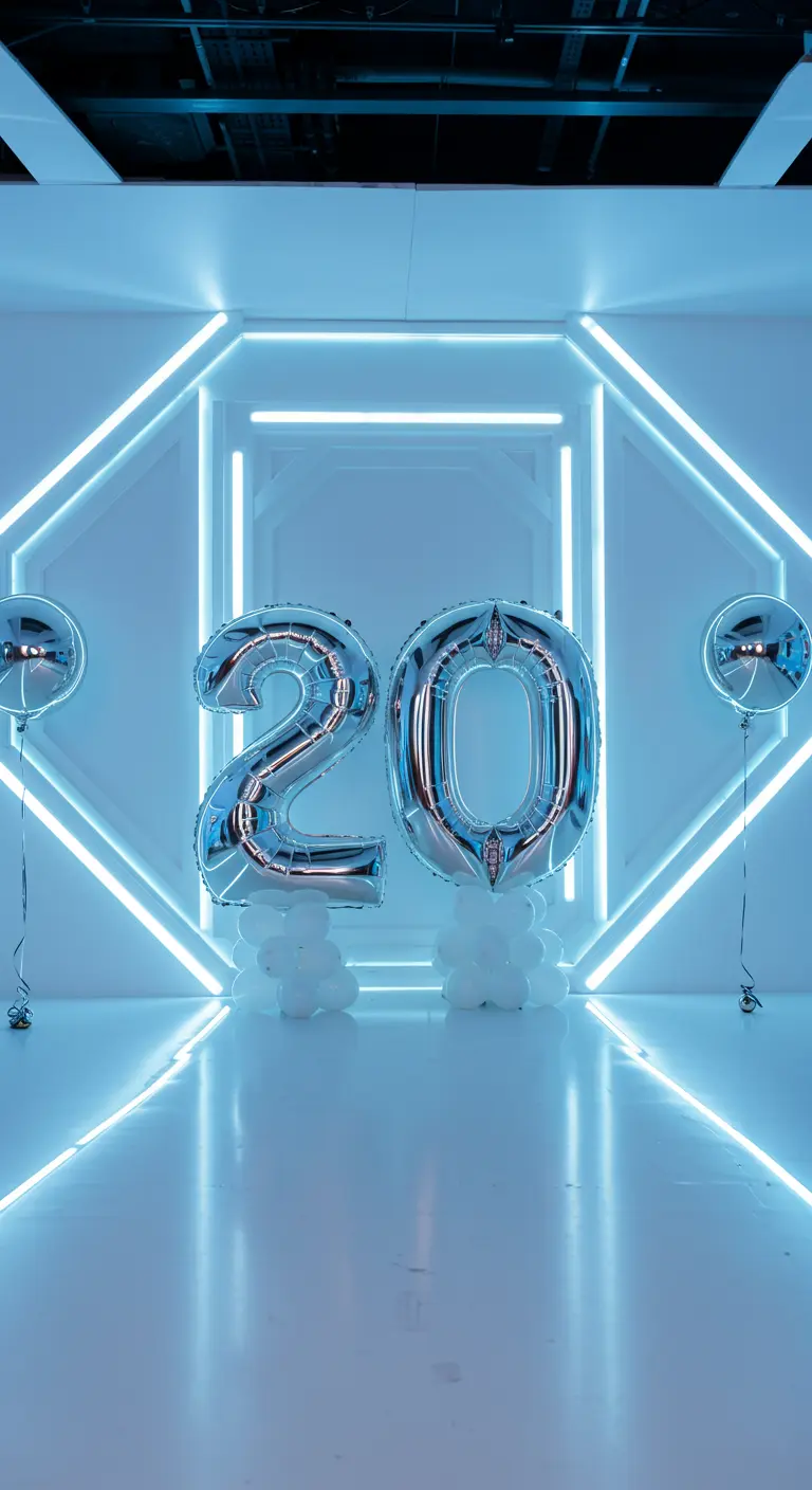 Globos plateados del número 20 en una sala blanca con luces de neón geométricas azules.