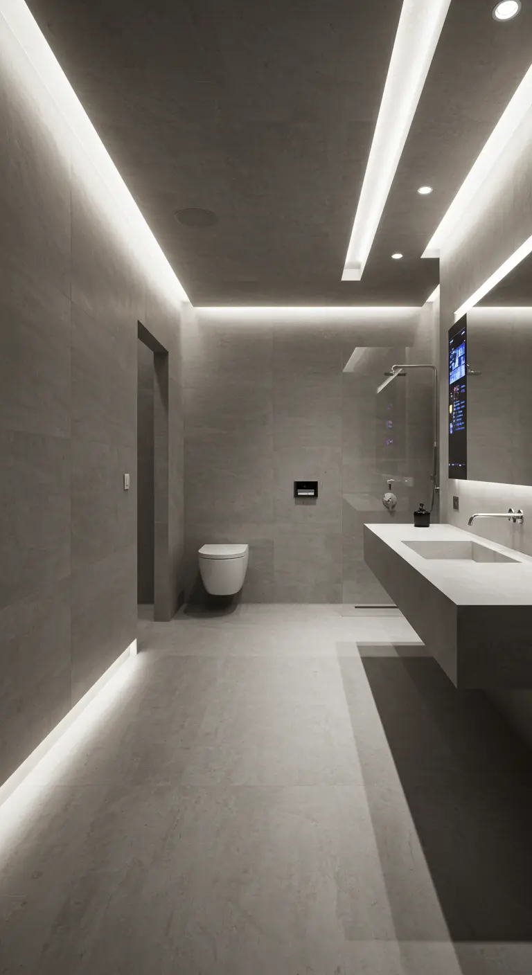 Baño minimalista y futurista con iluminación LED integrada en techos y suelos y sanitarios flotantes