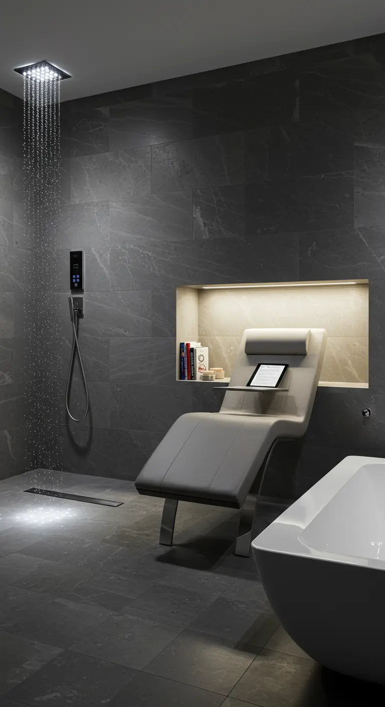 Baño de spa moderno y oscuro con ducha de efecto lluvia y una tumbona ergonómica blanca.