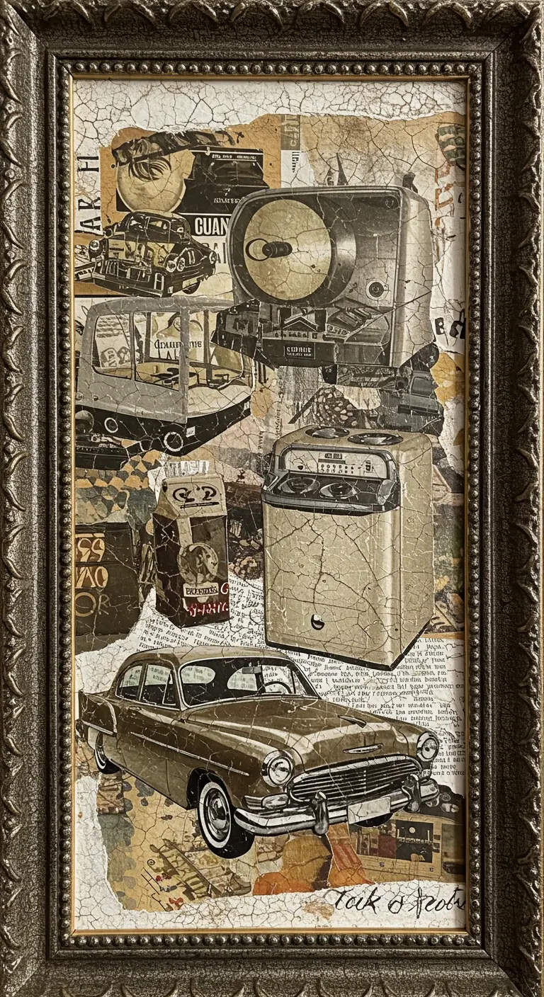 Collage vintage con imágenes de coches y electrodomésticos antiguos, enmarcado con un marco ornamentado.