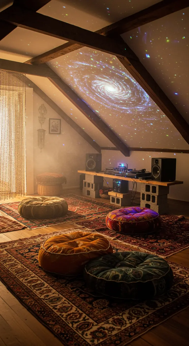 Ático con un proyector de galaxias en el techo, equipo de música bajo y cojines en el suelo.