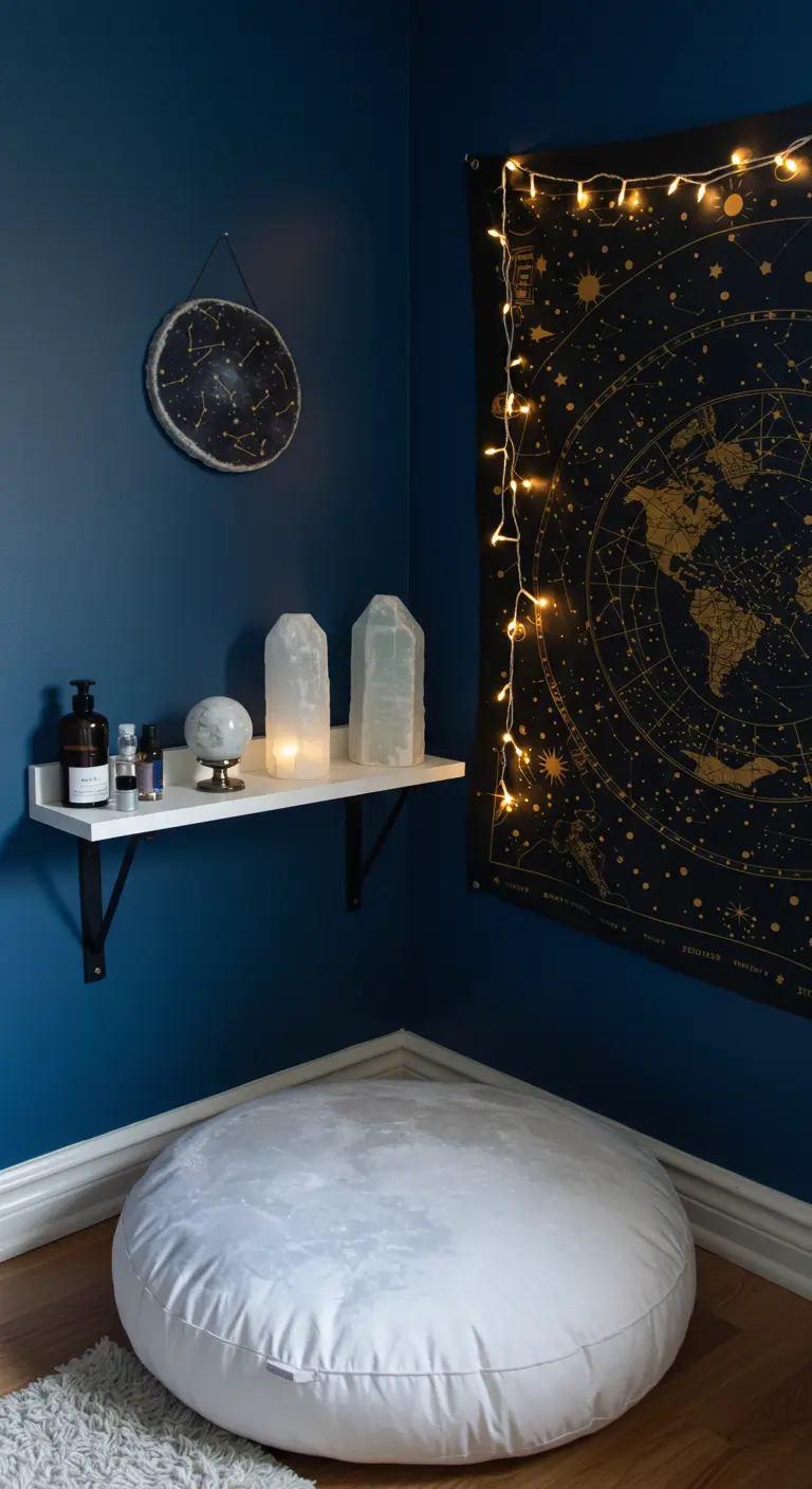 Rincón de meditación celestial con paredes azules, tapiz de estrellas y cristales de cuarzo.