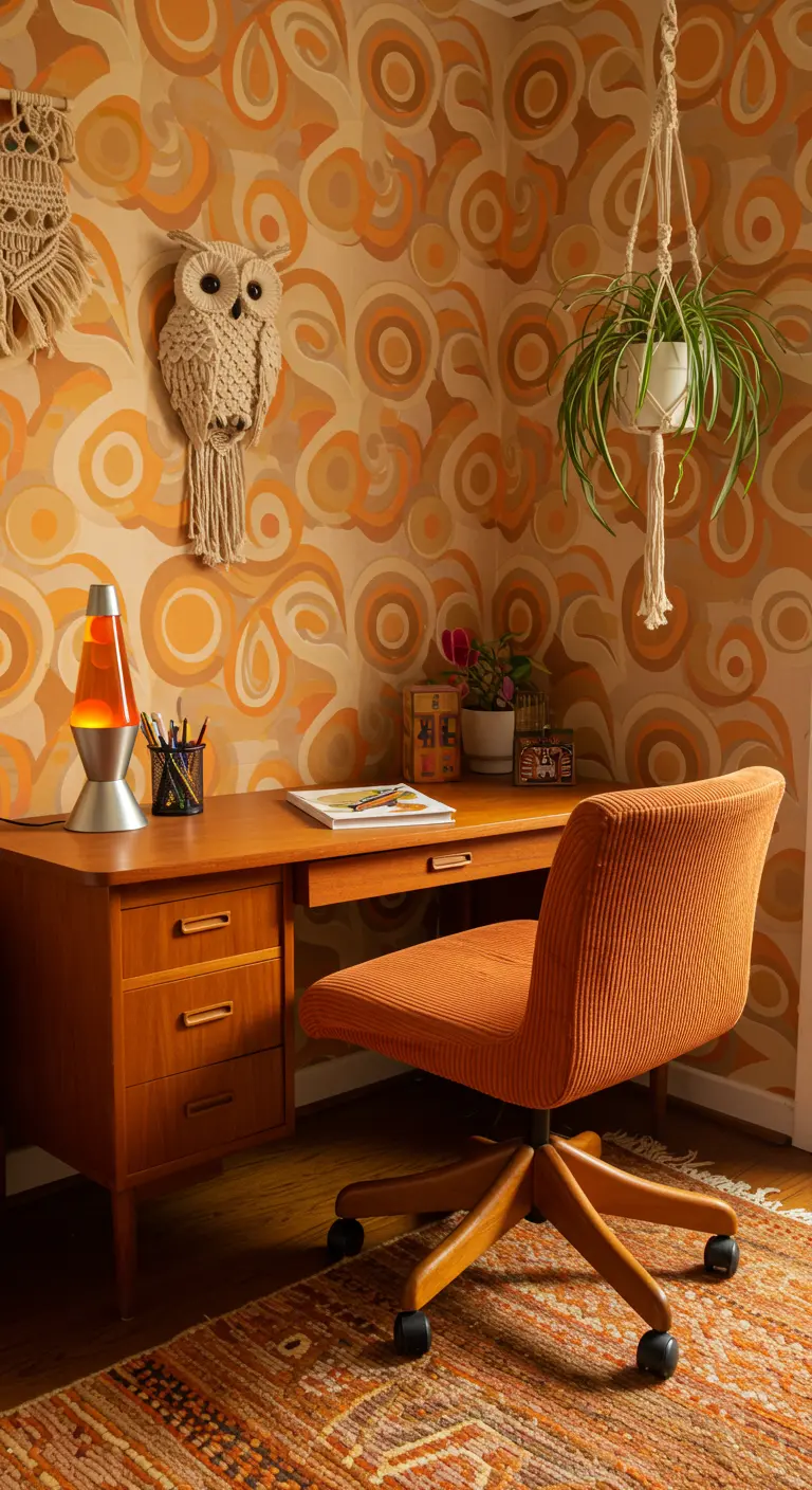 Oficina en casa de estilo retro años 70 con papel pintado psicodélico y lámpara de lava.