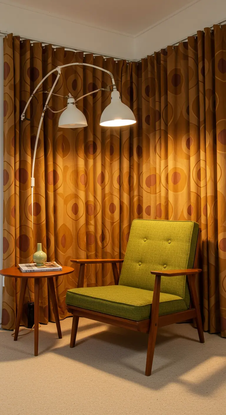 Rincón de lectura Mid-Century con sillón verde, cortinas con patrón retro y lámpara articulada
