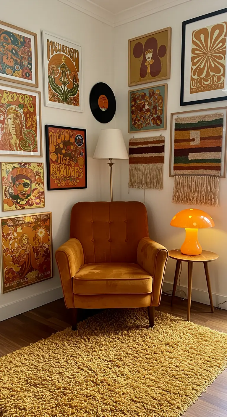 Rincón de estilo retro de los 70 con sillón de terciopelo naranja, arte psicodélico y lámpara de hongo