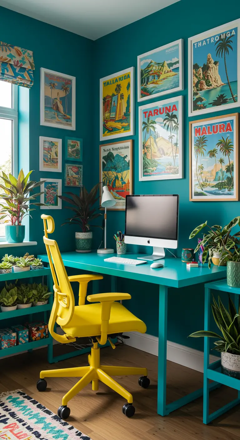 Oficina colorida con paredes turquesa, galería de pósteres de viajes y silla de oficina amarilla.