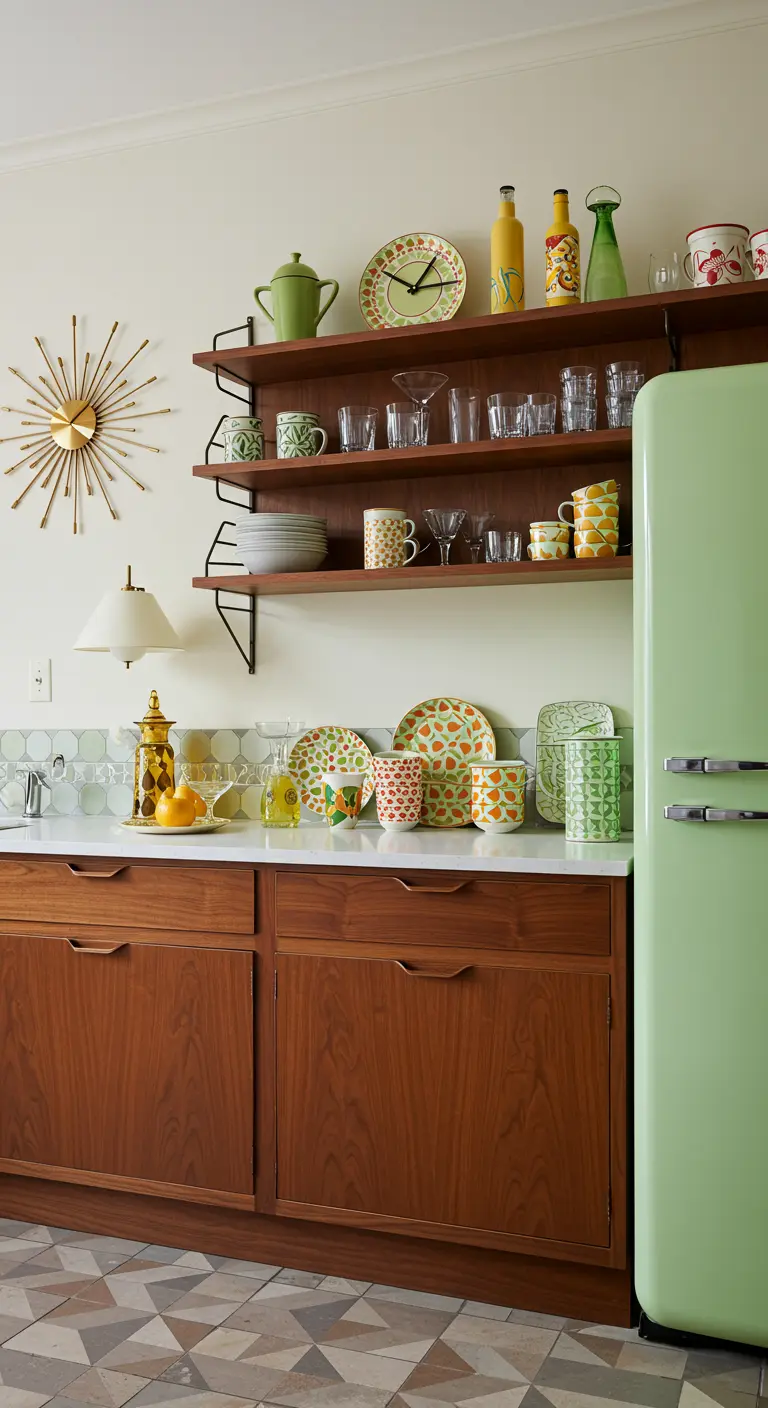 Cocina mid-century modern con frigorífico verde lima y muebles de madera de teca.