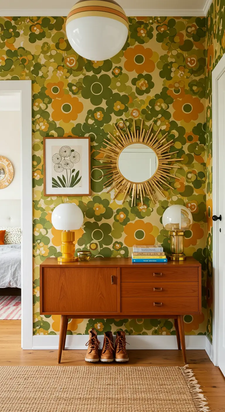 Entrada de estilo retro con papel tapiz de flores de los años 70 y muebles de teca.