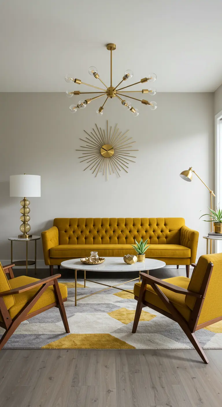 Salón Mid-Century Modern con sofá mostaza, detalles dorados y sillones de madera.
