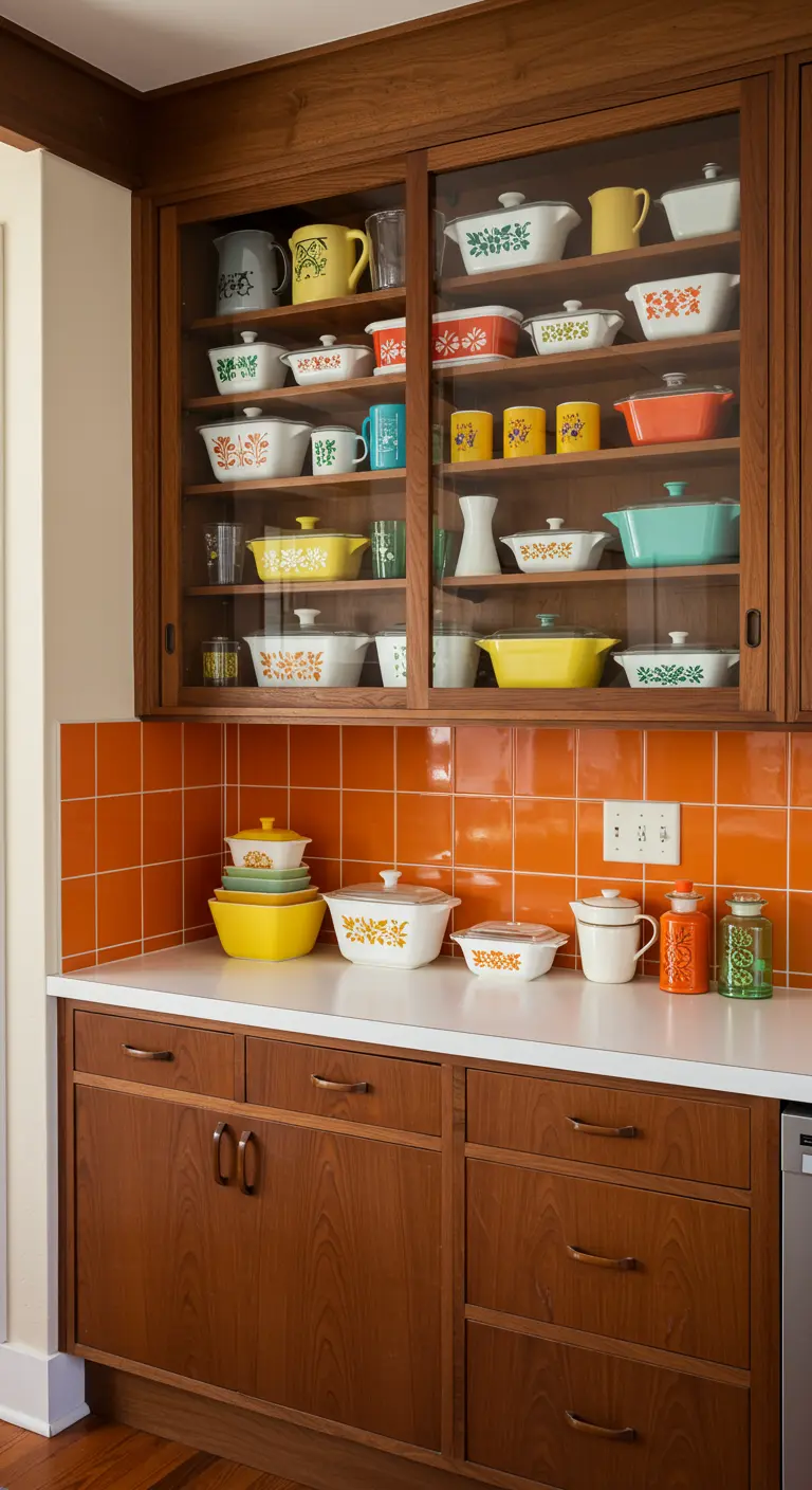 Vitrinas de madera de mediados de siglo con puertas correderas de cristal, llenas de vajilla Pyrex vintage.