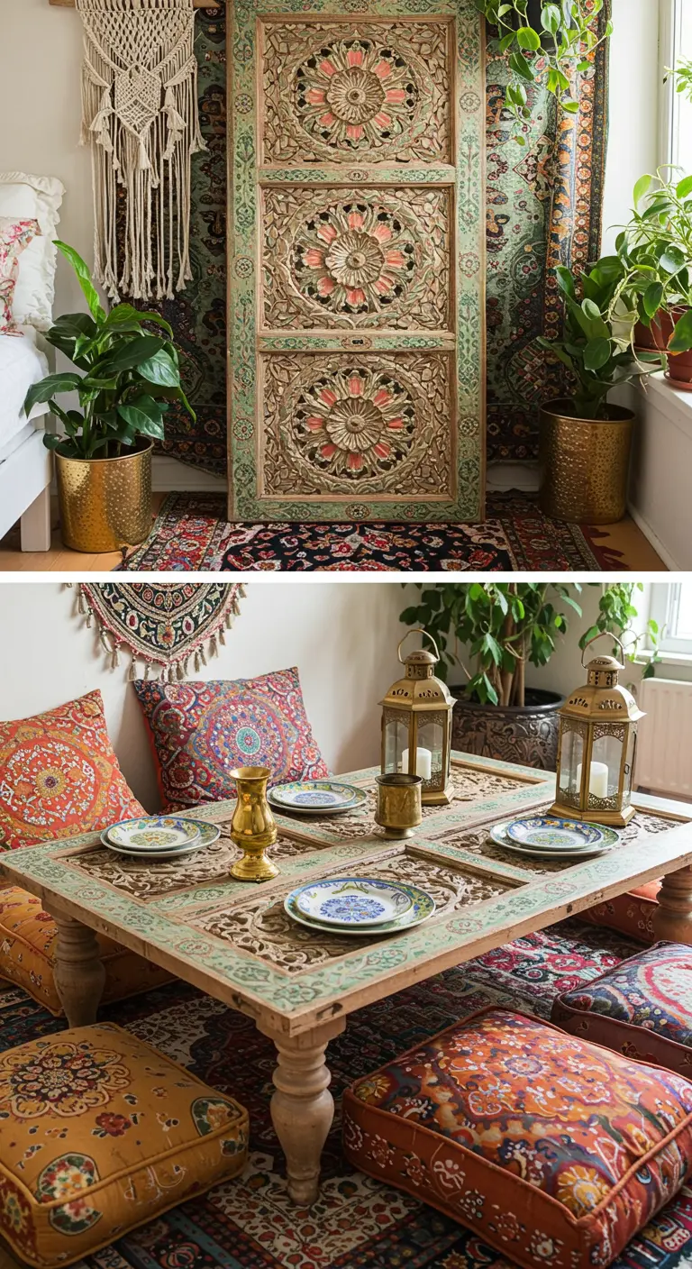 Mesa de comedor baja de estilo boho hecha con una puerta de madera tallada y cojines en el suelo.