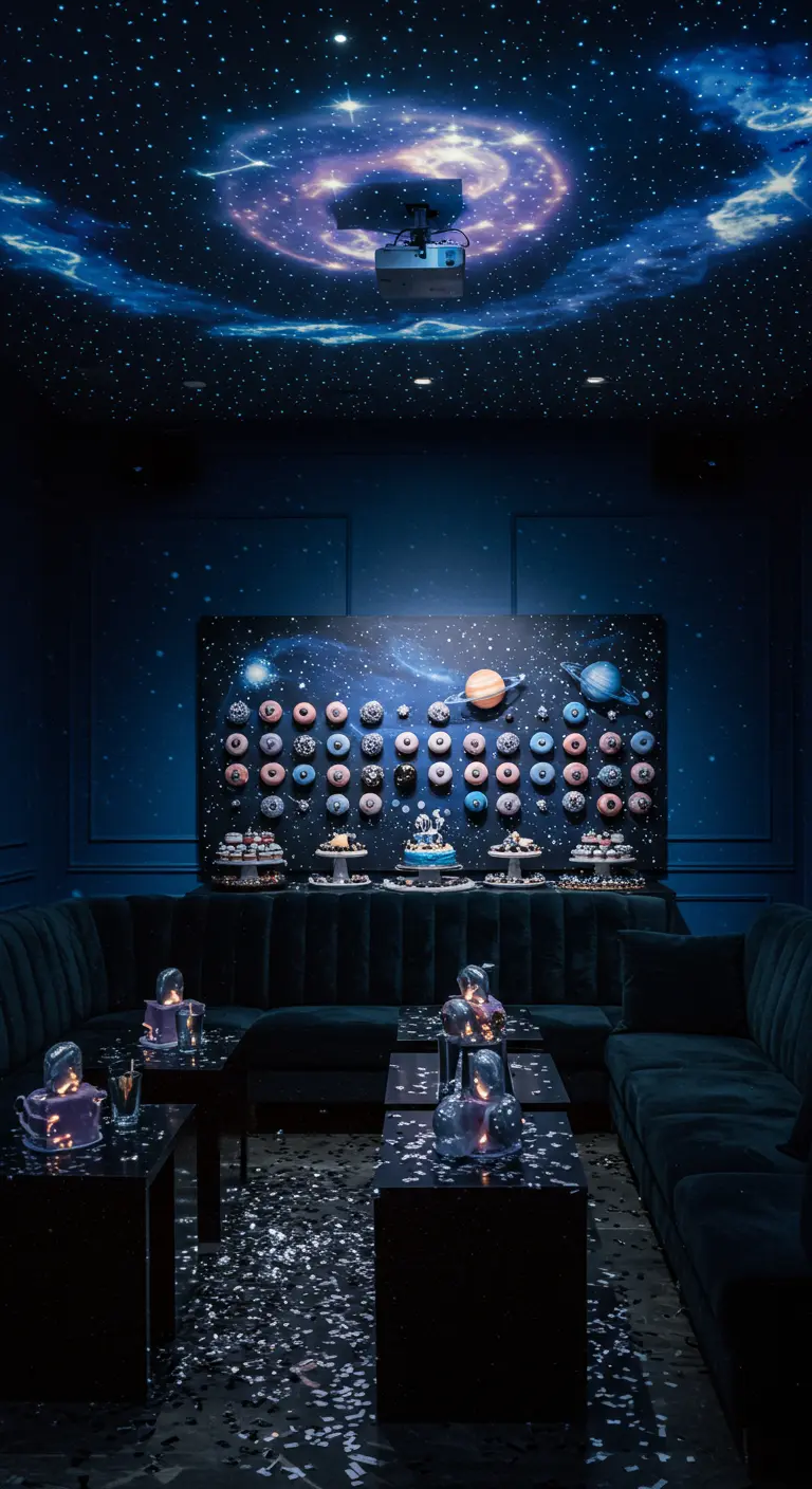Pared de donuts con temática espacial bajo un techo iluminado por un proyector de galaxias.