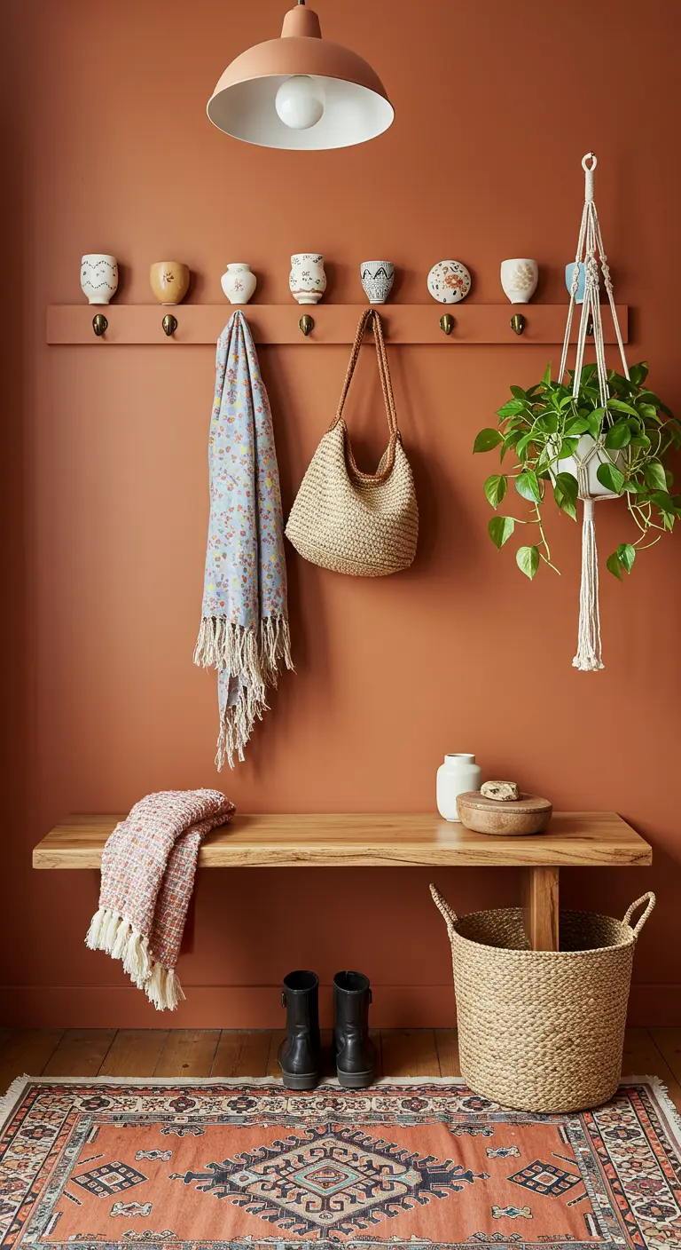 Recibidor bohemio con pared terracota, banco de madera, cesto de paja y planta en macramé.