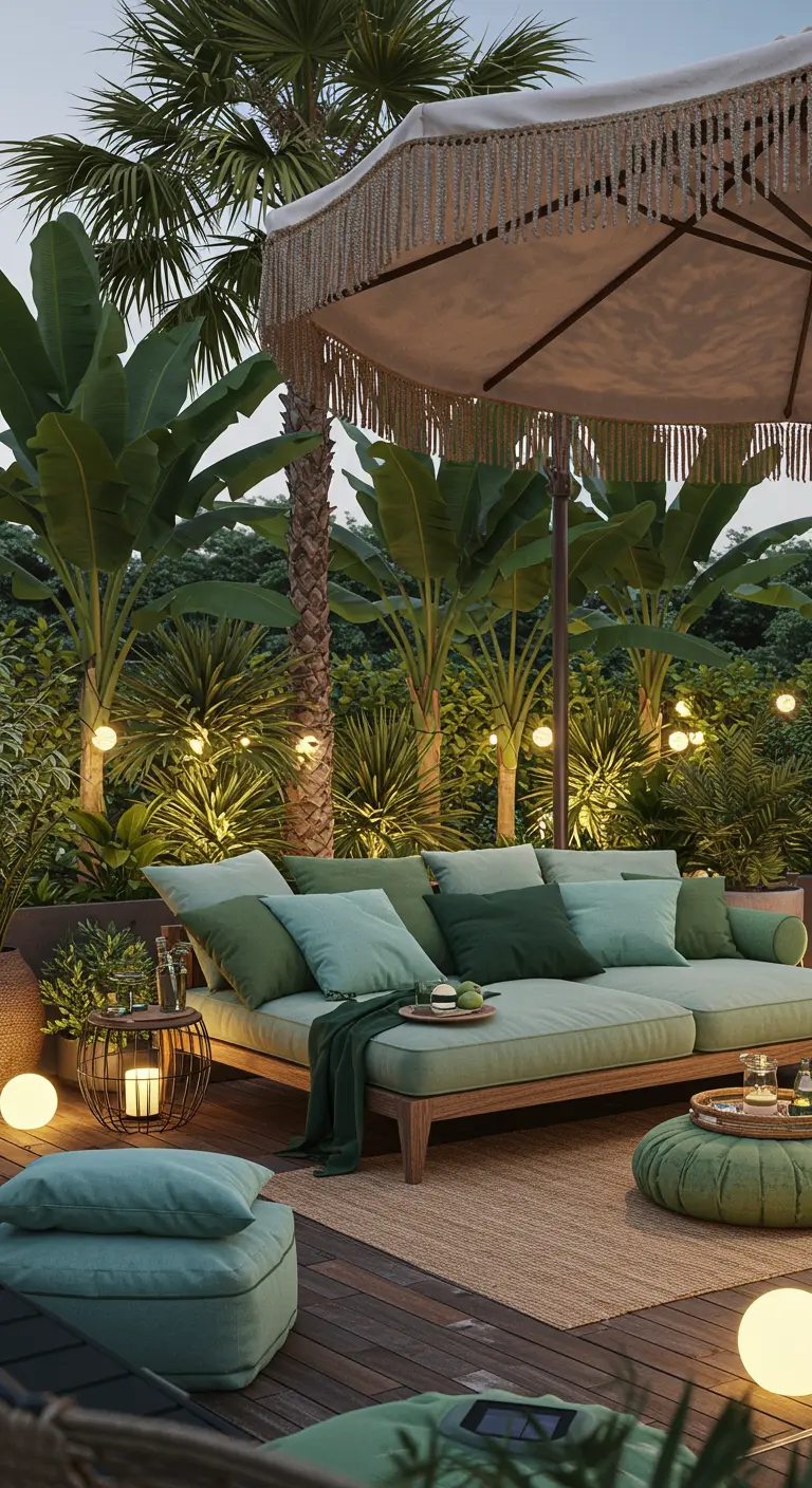 Terraza amplia con un gran sofá de madera, cojines verdes, sombrilla con flecos y palmeras alrededor.