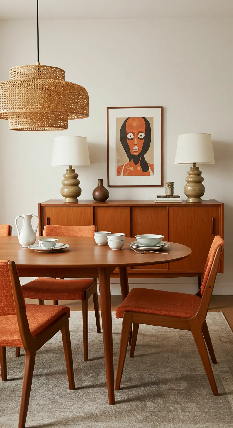 Comedor Mid-Century Modern con lámpara de ratán de tres niveles y sillas naranjas.