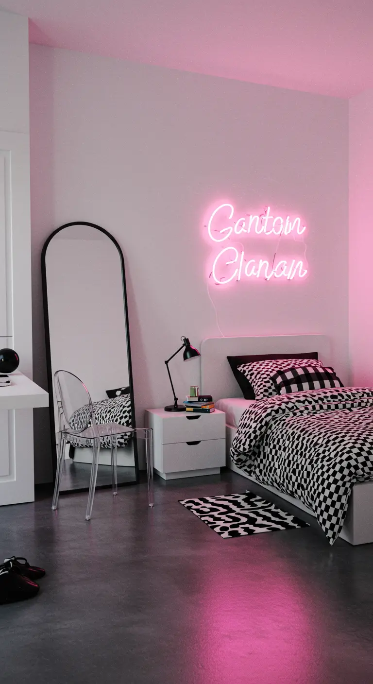 Dormitorio moderno con un letrero de neón rosa, ropa de cama a cuadros y silla acrílica.