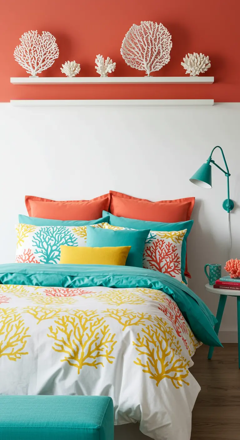 Dormitorio vibrante con pared de acento coral y ropa de cama con estampado de corales.