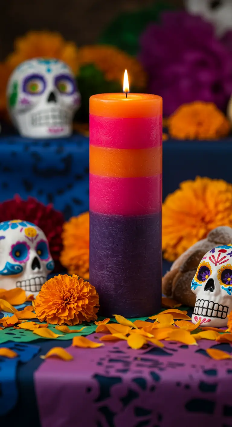 Vela de capas naranja, fucsia y morada en un altar del Día de Muertos con calaveras de azúcar.