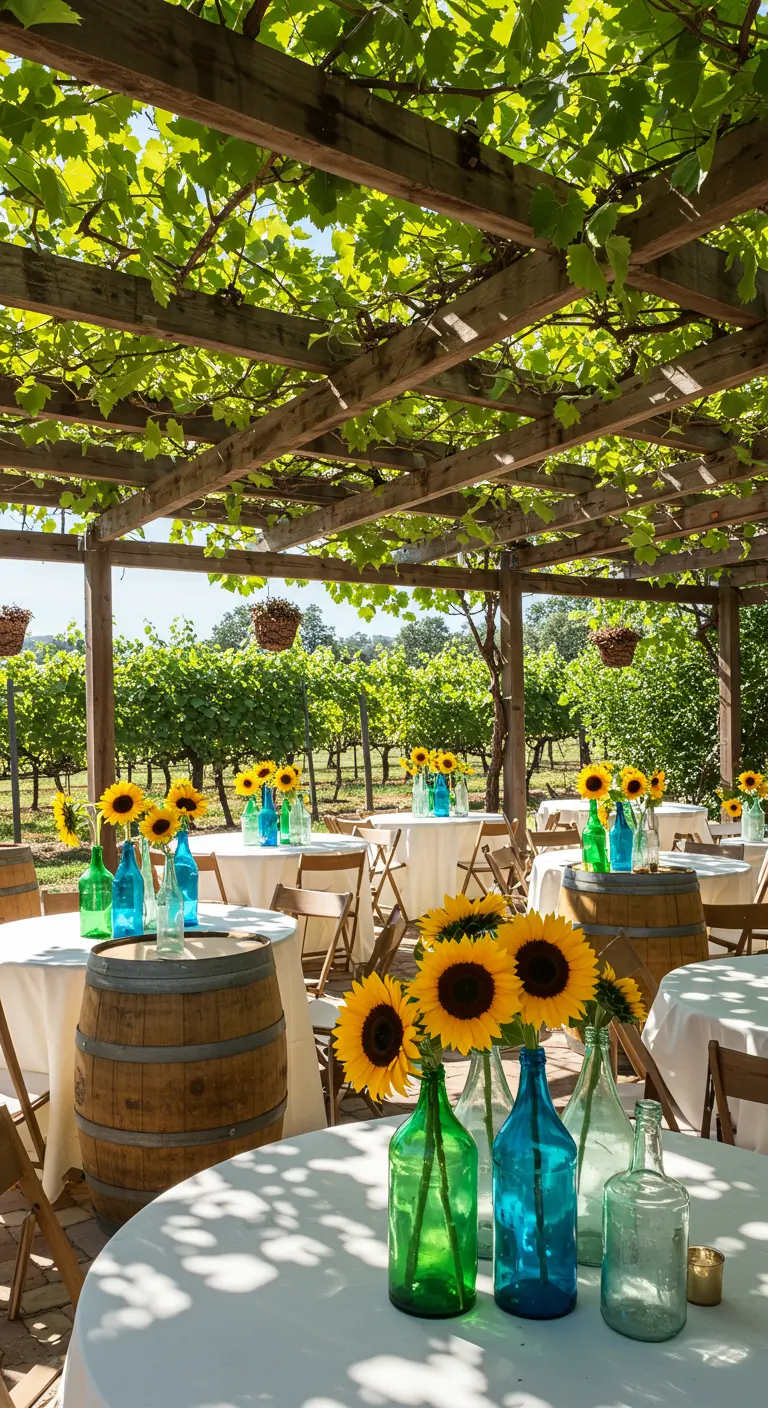 Mesa bajo una pérgola con girasoles en botellas de vidrio de colores.