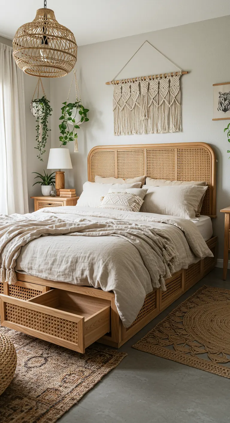 Cama de ratán de estilo boho con cajón abierto, en un dormitorio con decoración de macramé y plantas.