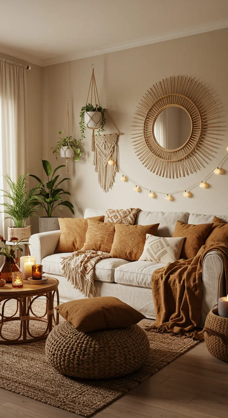 Salón boho con un espejo de ratán en forma de sol, plantas y textiles naturales
