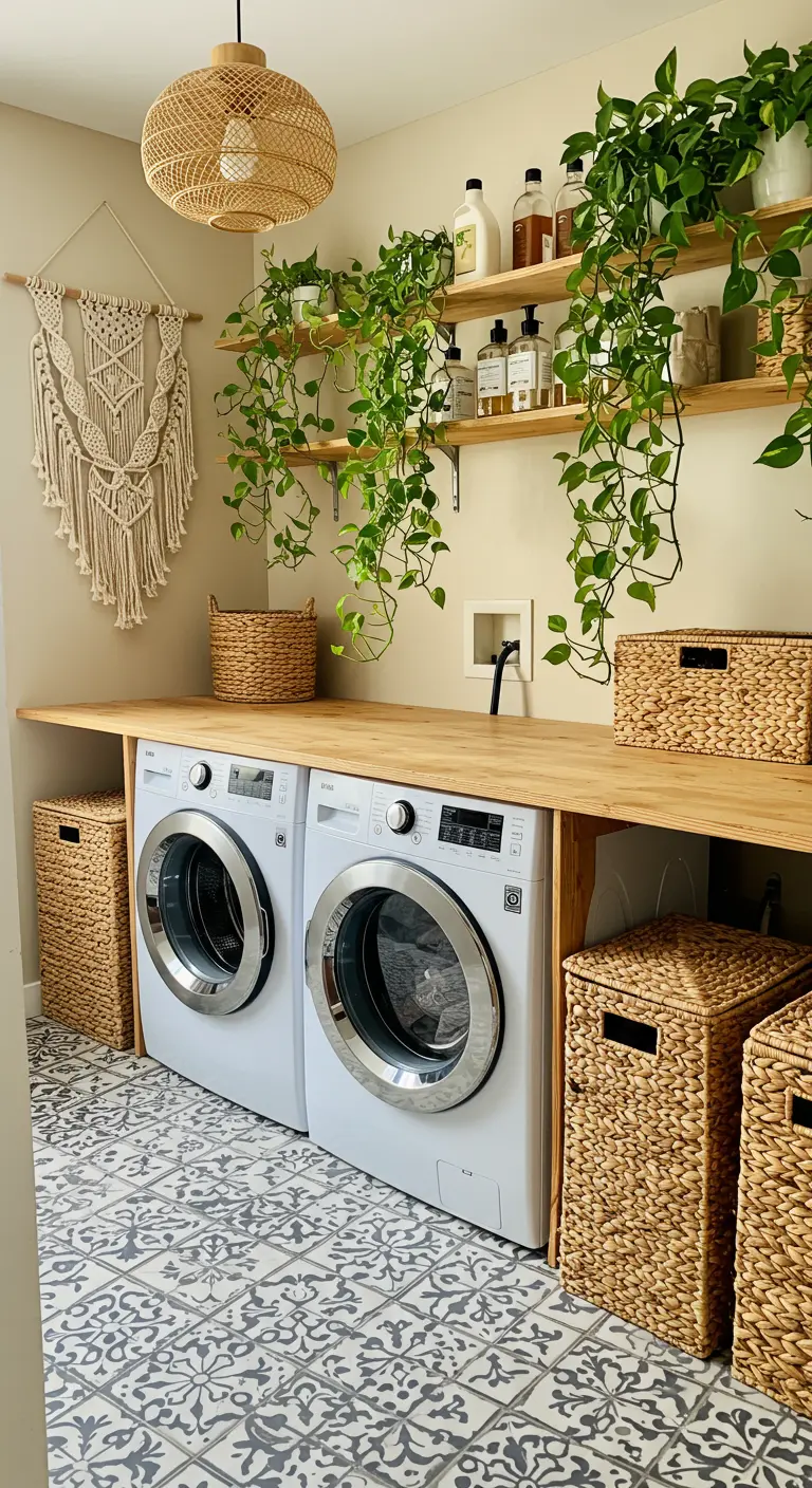 Lavandería de estilo bohemio con tapiz de macramé, plantas colgantes y suelo de baldosas.