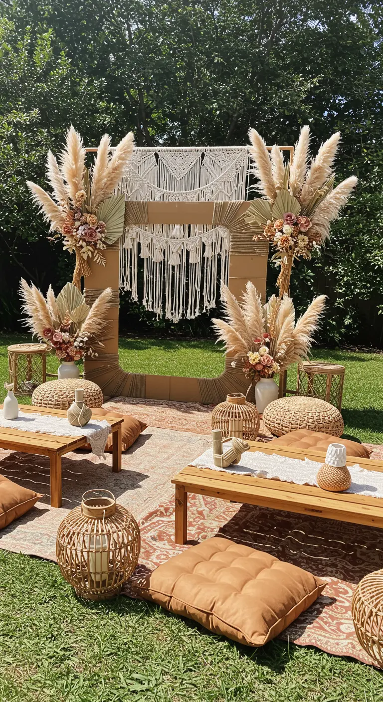 Marco de photocall de cartón de estilo boho con macramé, pampas y cojines en el suelo.