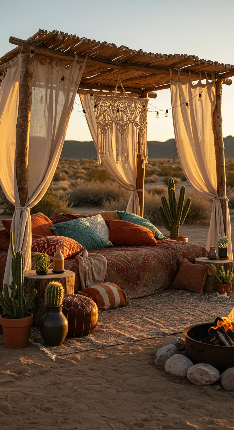 Cama balinesa de madera rústica con textiles boho, macramé y guirnaldas de luces en un desierto.