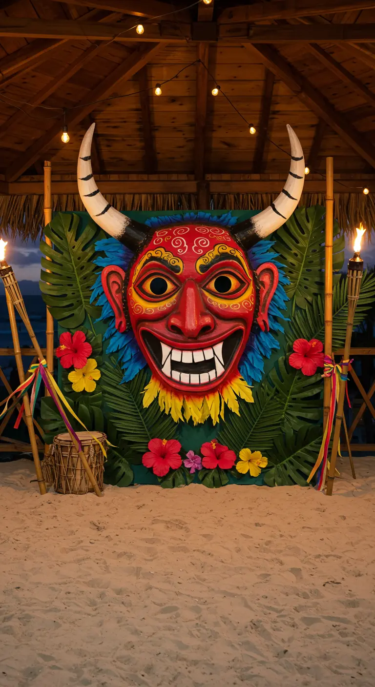 Máscara de diablo rojo de estilo tropical rodeada de hojas de palmera y flores de hibisco.