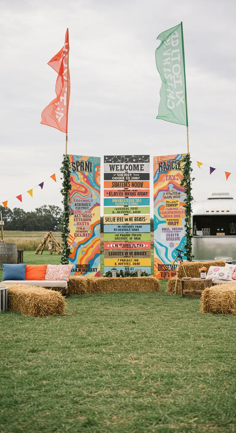 Mural de bienvenida con varios carteles de colores vibrantes en un festival.