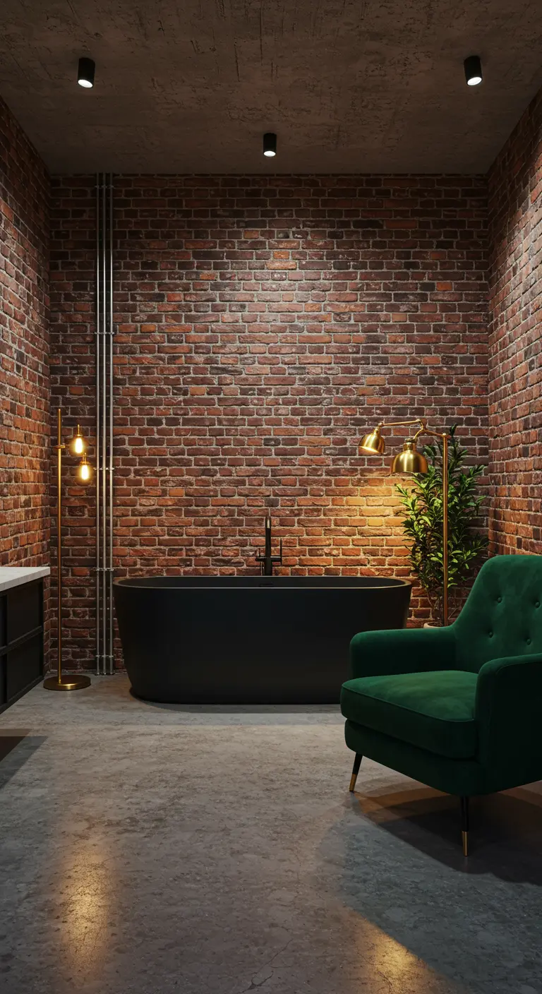 Baño industrial con pared de ladrillo, bañera negra y sillón de terciopelo verde.