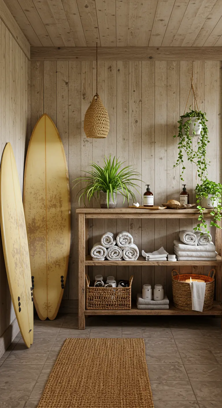 Baño estilo surfero con tablas de surf, estanterías de madera y plantas.