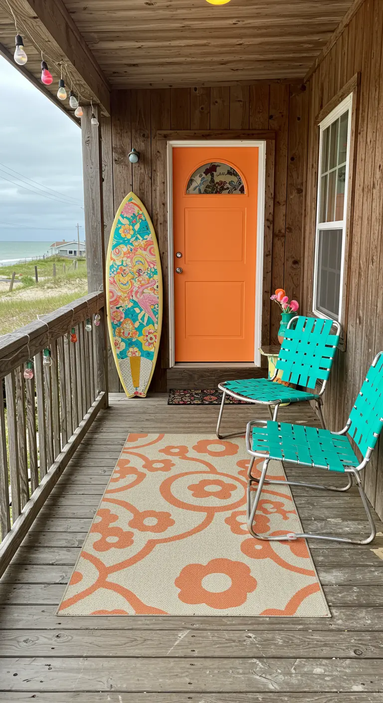 Porche de casa de playa con puerta naranja, una tabla de surf y sillas retro de colores
